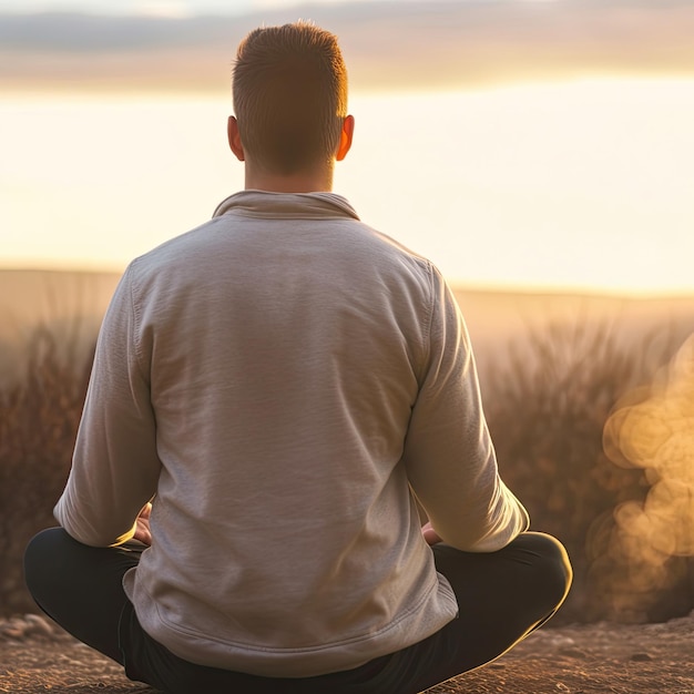 Un uomo medita pacificamente su una montagna trovando equilibrio e tranquillità AI generativa