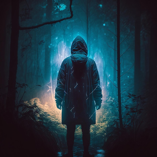 Un uomo misterioso nella foresta avvolto da un'aura luminosa