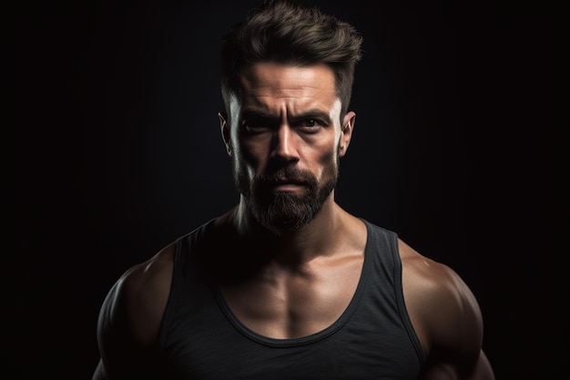 Un uomo muscoloso con la barba e una canotta nera si trova in una stanza buia.