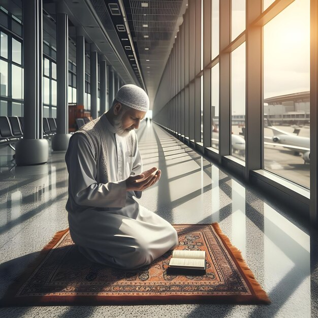 Un uomo musulmano che prega su un tappeto tradizionale in un moderno terminal aeroportuale all'alba