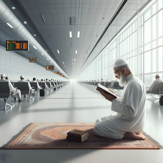 Un uomo musulmano che prega su un tappeto tradizionale in un moderno terminal aeroportuale all'alba