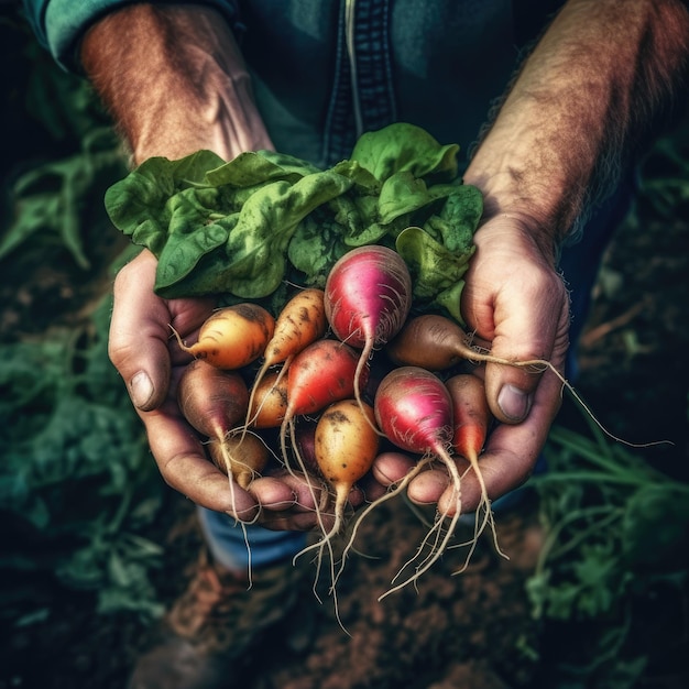 Un uomo nell'orto con le verdure in mano IA generativa