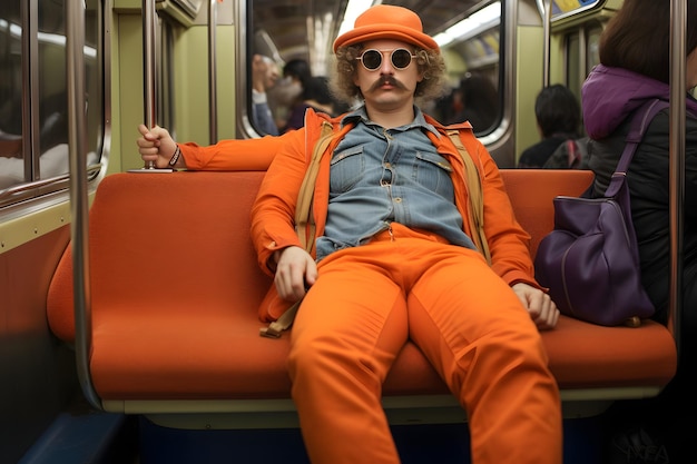 Un uomo nella metropolitana di New York indossa una moda assurda con bretelle arancioni abbinate a un cappello e un gigante