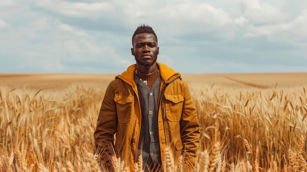 Un uomo nero alla moda posa in mezzo a un campo di grano dorato il suo ensemble una perfetta fusione di