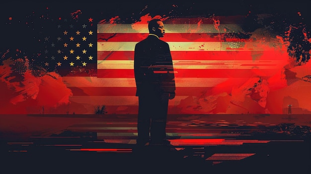 Un uomo nero in abito sullo sfondo di una bandiera americana luminosa