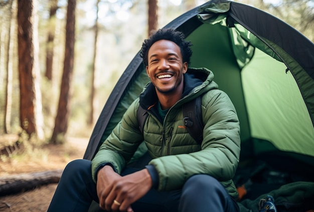 un uomo nero sorridente siede fuori dalla sua tenda verde guardando gli alberi verdi sullo sfondo