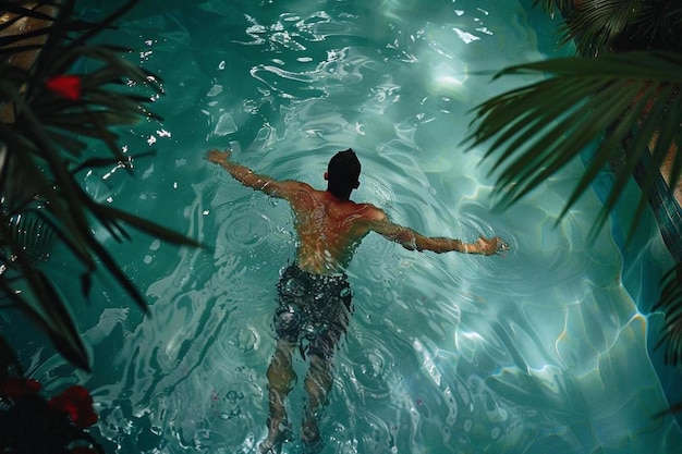 Un uomo nuota in una piscina