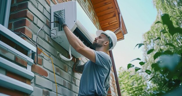 un uomo o un artigiano installa un condizionatore d'aria o pulisce