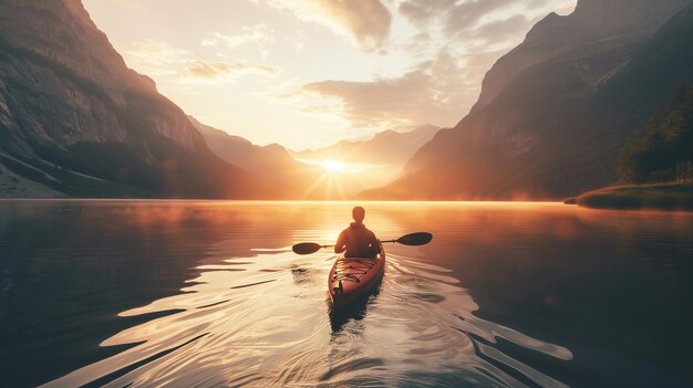 Un uomo paga da solo un kayak attraverso un lago circondato da montagne all'alba