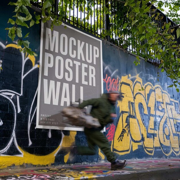 un uomo passa davanti a un muro con un cartello che dice parete di esposizione