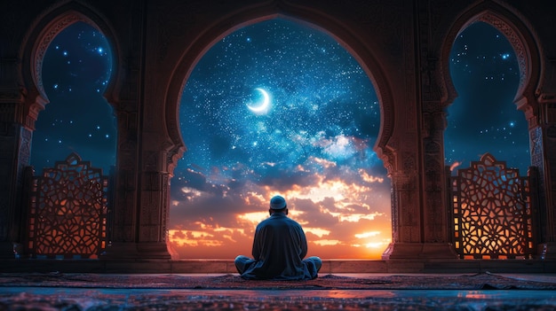 un uomo prega in una moschea guardando il cielo magico del Ramadan