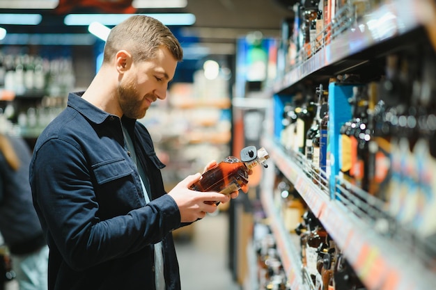 Un uomo prende le bevande alcoliche dallo scaffale del supermercato Acquistando alcolici nel negozio