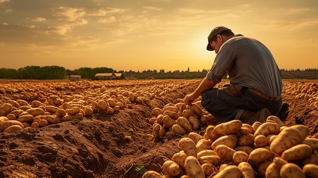 un uomo raccoglie patate raccogliendo patate sui letti agricoltura