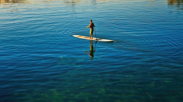 Un uomo rema su una tavola da paddle nell'acqua