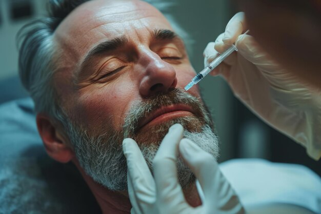 Un uomo riceve un'iniezione di botox per un lifting facciale Medicina estetica