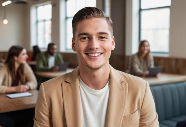 Un uomo rilassato con una camicia abbronzata si siede con un sorriso piacevole in un ambiente d'ufficio con colleghi in