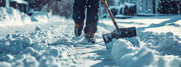 Un uomo rimuove la neve dalla strada. Focalizzazione selettiva.