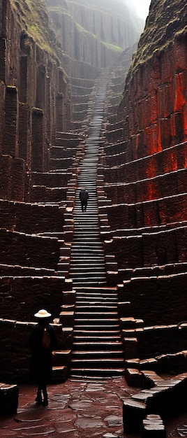 un uomo sale su una scala in un tunnel che ha scale che portano a un tunnel che porta a un tunnel