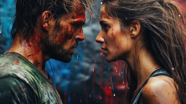 Un uomo sanguinante e una donna in piedi sotto la pioggia