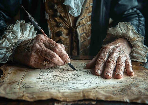 un uomo scrive su un foglio di carta con le parole sacro su di esso