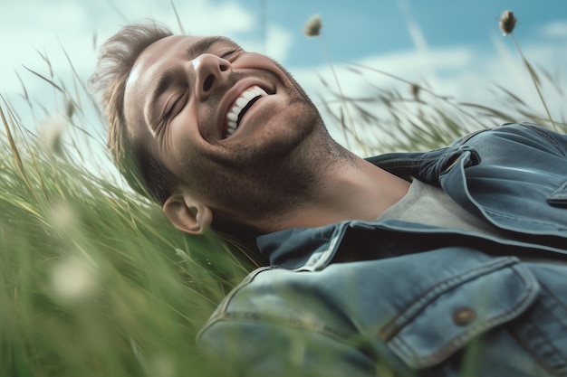 Un uomo sdraiato in un campo di erba sorridente