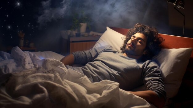 Un uomo sdraiato in un letto sotto una luce notturna