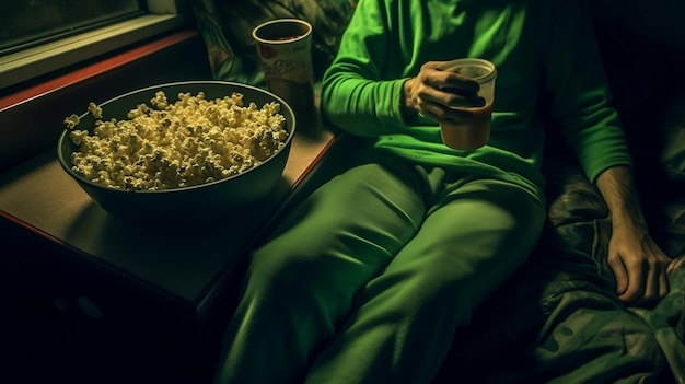 Un uomo sdraiato su un letto che mangia popcorn mentre guarda un film horror su Halloween