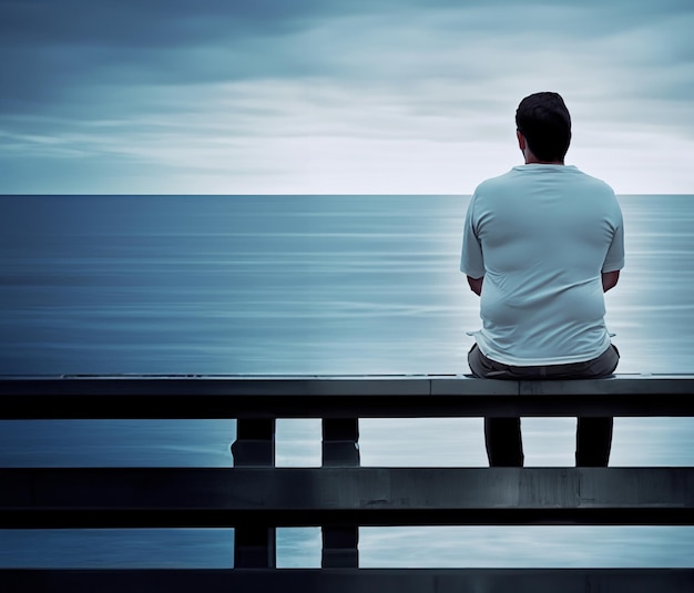 Un uomo seduto a guardare e meditare di fronte al mare