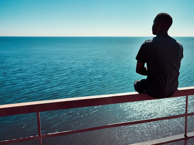 Un uomo seduto a guardare e meditare di fronte al mare