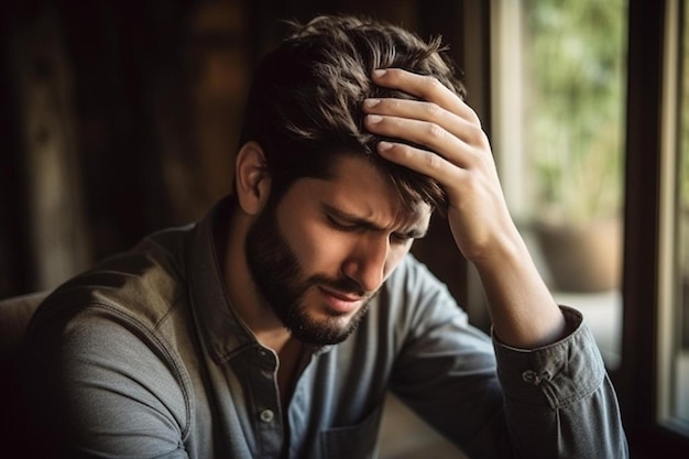 un uomo seduto a un tavolo con la testa tra le mani