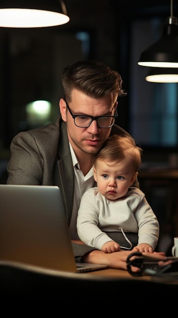 un uomo seduto a un tavolo con un bambino davanti a un laptop