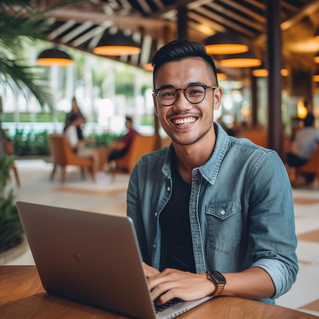 Un uomo seduto a un tavolo con un computer portatile e sorridente.