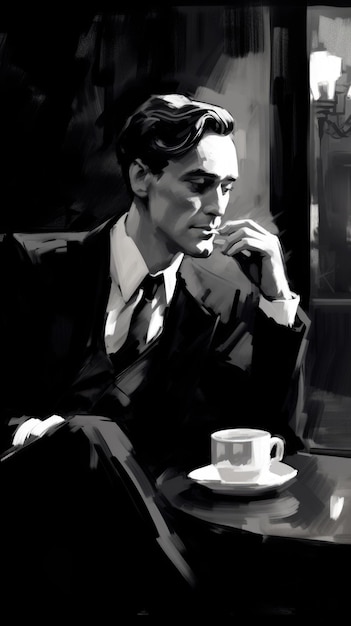 Un uomo seduto a un tavolo con una tazza di caffè
