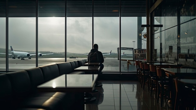 Un uomo seduto a un tavolo in un aeroporto guarda fuori dalla finestra