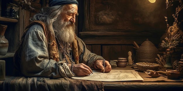 Un uomo seduto a un tavolo scrive con una penna.