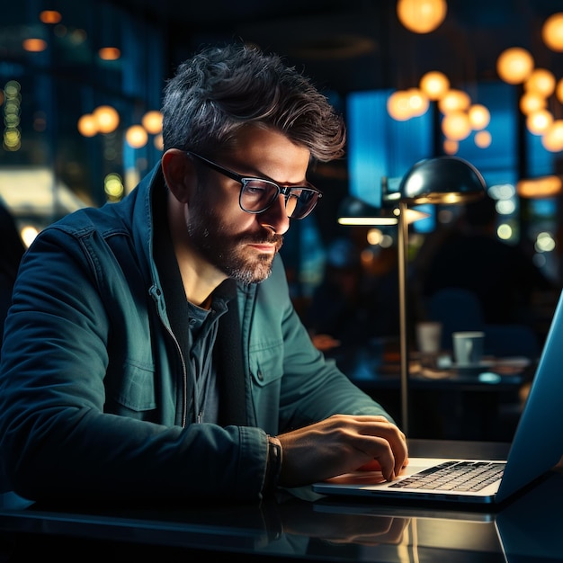 Un uomo seduto a un tavolo usando un computer portatile