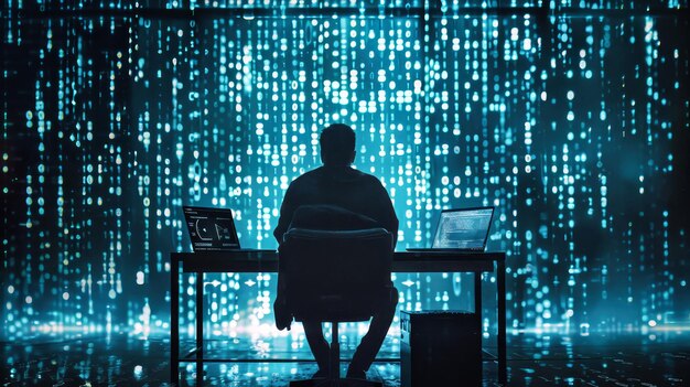 Un uomo seduto a una scrivania concentrato su uno schermo di computer circondato da codice e dati che incarnano l'essenza dell'hacking e dell'infiltrazione digitale