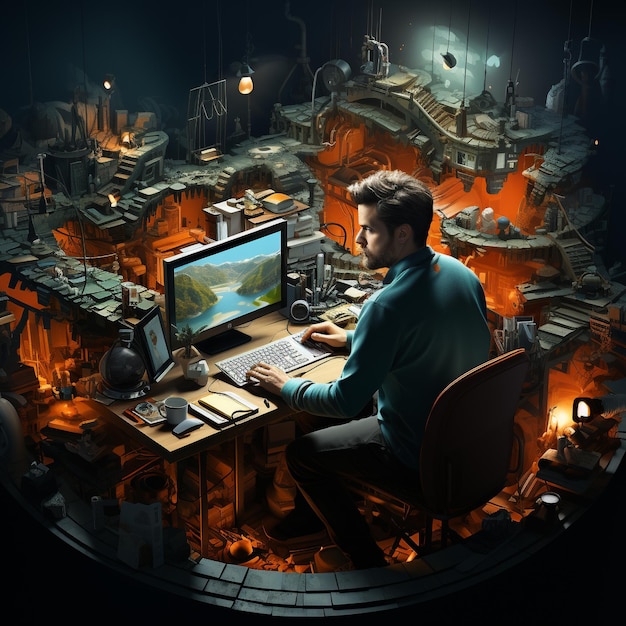 Un uomo seduto alla scrivania del computer svolge varie attività lavorative