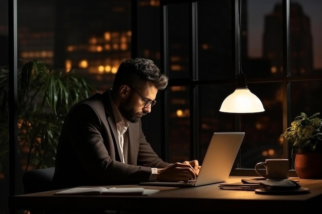 un uomo seduto alla scrivania utilizzando un computer portatile