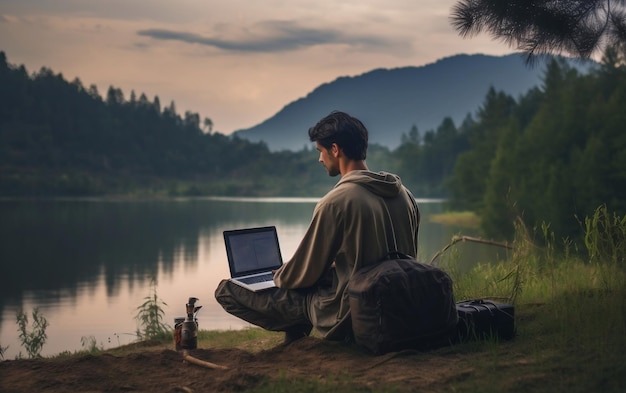 Un uomo seduto che utilizza un computer portatile AI