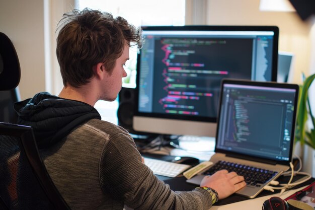 Un uomo seduto davanti a due monitor di computer
