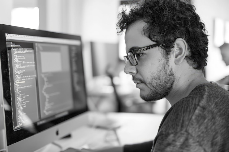 Foto un uomo seduto davanti a un monitor computerizzato