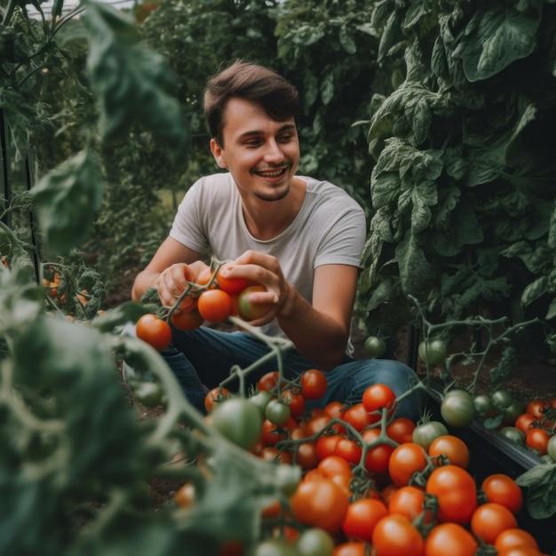 Un uomo seduto in un giardino con molti pomodori Immagine di intelligenza artificiale generativa