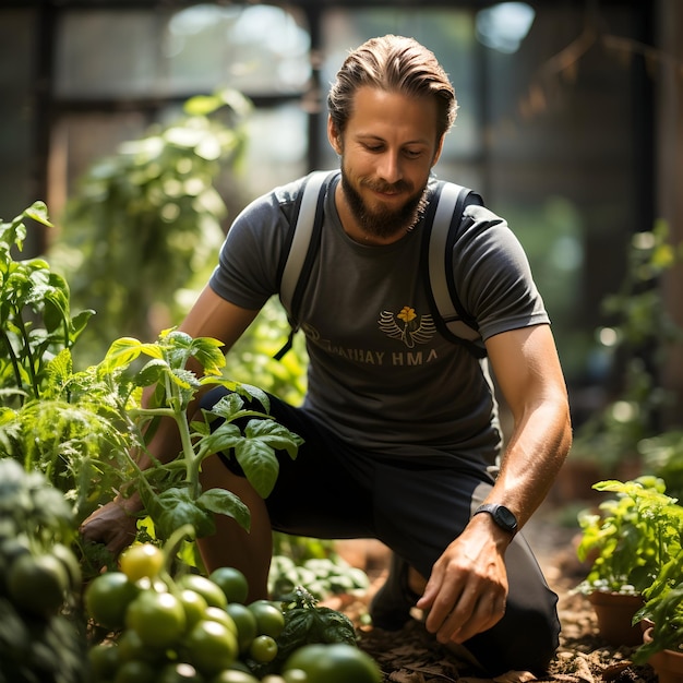 Un uomo seduto in un giardino semina alcune verdure