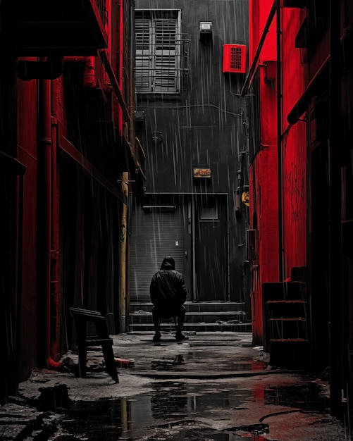 Un uomo seduto in un vicolo illustrazione noir brutalismo oscuro