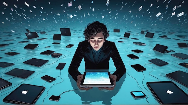 un uomo seduto in una stanza piena di dispositivi elettronici e laptop
