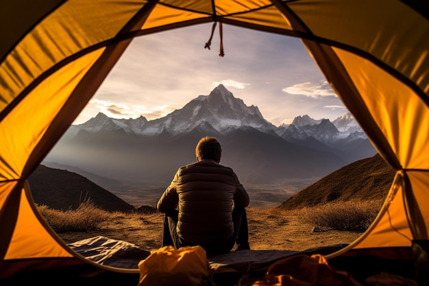 Un uomo seduto in una tenda guarda le montagne