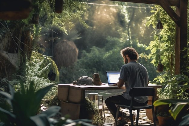 Un uomo seduto su un tavolo all'aperto che utilizza un laptop in un giardino con IA generativa