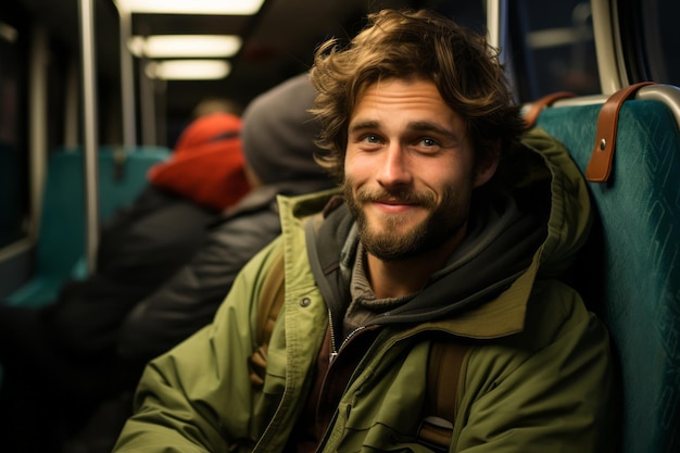 un uomo seduto su un treno con un sorriso sul volto