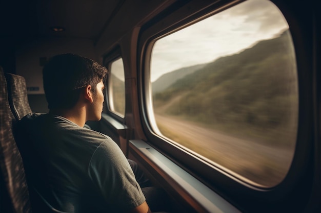 Un uomo seduto su un treno guarda fuori dal finestrino.